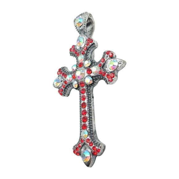 Red Iridescent Rhinestone Silver Tone Large Statement Cross Pendant 3.75" Bling - Picture 2 of 7